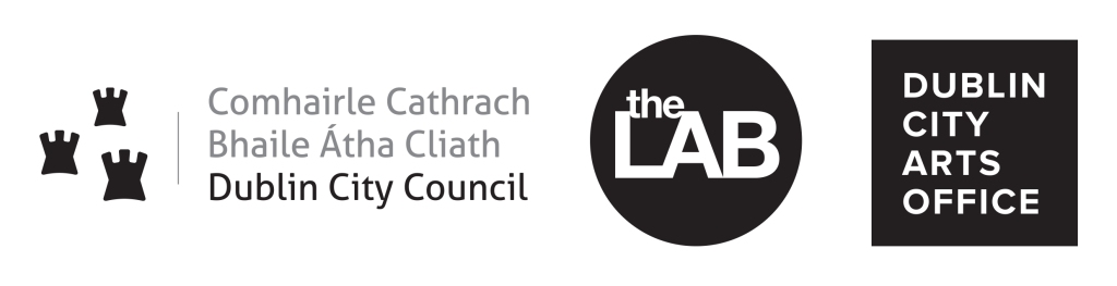 black and white Dublin City Council, the LAB Gallery and Dublin City Arts Office Logo