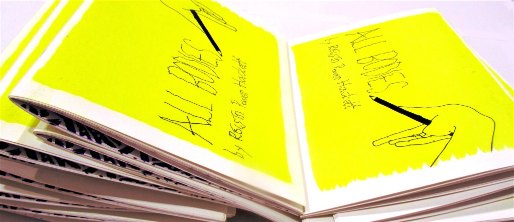 a small pile of riso printed A5 booklets with a white background. They are printed in bright yellow with a black line drawing of a hand and ALL BODIES by Róisín Power Hackett' written on it.