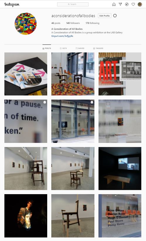 This is an image of a screen shot from the 'a consideration of all bodies' Instagram page. It shows 12 images from the top of the instagram page in a 3 x 4 image grid. The images are from the 'A Consideration of All Bodies exhibition installed at The LAB Gallery.